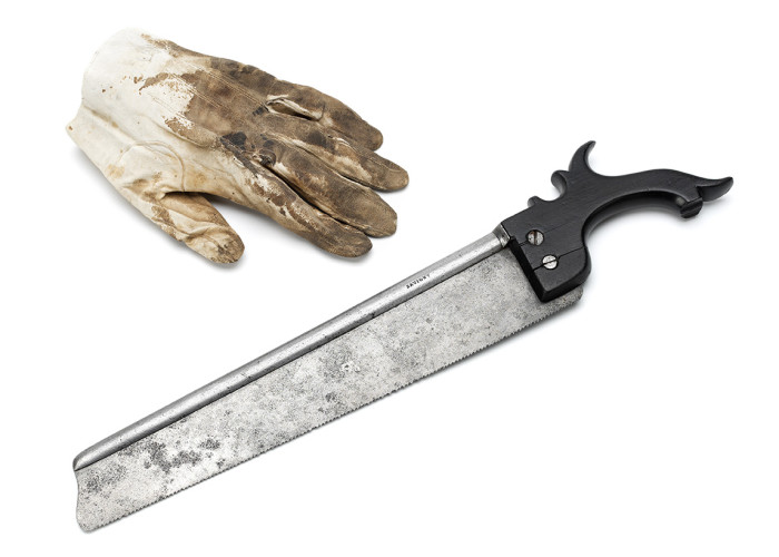 A Surgical Saw and blood stained glove from Waterloo