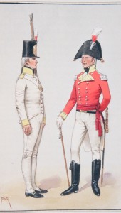 Private in drill order and officer 29th Foot 1804 (right).  (Courtesy Worcester Regimental Museum)