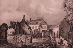The Chateau at Hougoumont after the battle, from a contemporary engraving