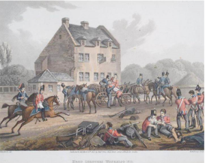 Fig. 9 Wounded being evacuated from the main chateau building. (Painting by Robert Hillingford – courtesy of fineartphotolibrary ltd)