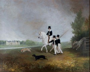 Lord Douro, Lord Charles Wellesley and Gerald Wellesley, their cousin, in Eton dress in the park at Stratfield Saye, in c.1820. They are in mourning for King George III. 