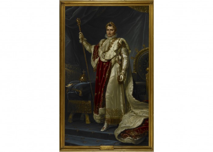 Napoleon Bonaparte. A full-length portrait of Napoleon in his robes of state, by Jean Baptiste Borély. Copyright British Library.