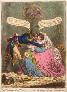 James Gillray (1756–1815), The First Kiss this Ten Years! Hand-coloured etching and aquatint. Published by Hannah Humphrey, 1803. 1868,0808.7071