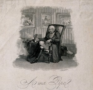 An old Napoleonic soldier sits dreaming in his armchair with pipe in hand, below a poem entitled "à ma pipe". Engraving after N.T. Charlet. Credit: Wellcome Library, London. Wellcome Images