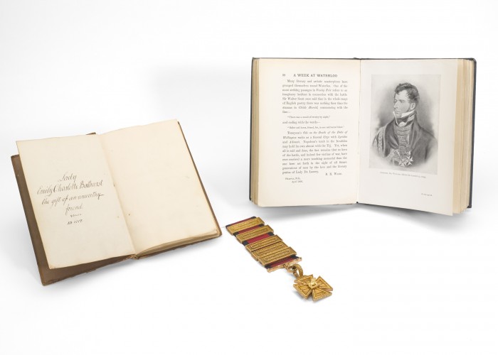 Manuscript of A Week at Waterloo, Lady Magdalene De Lancey, alongside a picture of Colonel De Lancey and De Lancey's Peninsular Gold Cross.