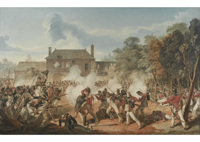 Defence of the Chateau de Hougoumont by the flank company, Coldstream Guards, Battle of Waterloo, 1815. Denis Dighton. Copyright National Army Museum.