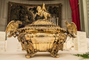 The handles of the soup tureens are the handles of Napoleon's coach that was captured by the 10th Light Dragoons at the Battle of Waterloo. Photographer: Sergeant Rupert Frere RLC