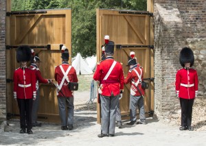 In a powerful re-enactment which illustrated a deliberate reversal of the actions undertaken by their predecessaors 200 years ago, ten Guardsmen from No 7 Company Coldstream Guards, dressed for the occasion in 1815 period costume, carried out the official opening of the Gate. Photographer: Sergeant Rupert Frere RLC