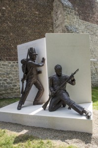 The magnificent new bronze sculpture featuring two British soldiers, by Vivienne Mallock, which was unveiled as a new memorial to all the British dead. Photographer: Sergeant Rupert Frere RLC