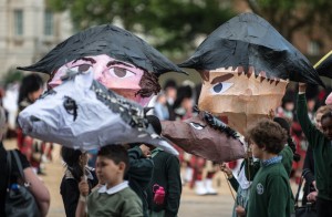 Children from local schools made giant historical puppets to accompany the New Waterloo Dispatch. Photographer: Sergeant Rupert Frere RLC