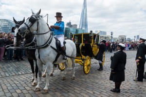 Horse-drawn Post Chaise carriage leads London re-enactment past the Shard, to commemorate the 200-year anniversary of the Waterloo Dispatch. Picture by Rex / Nils Jorgensen.