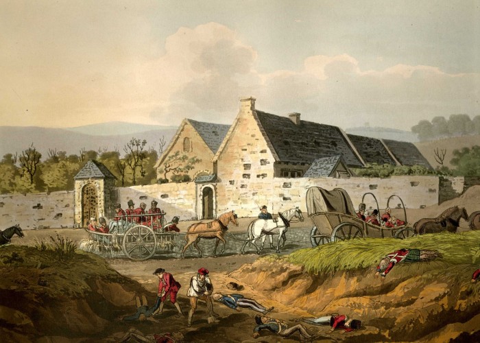 a painting of a farmhouse with soldiers in redcoast passing by outside