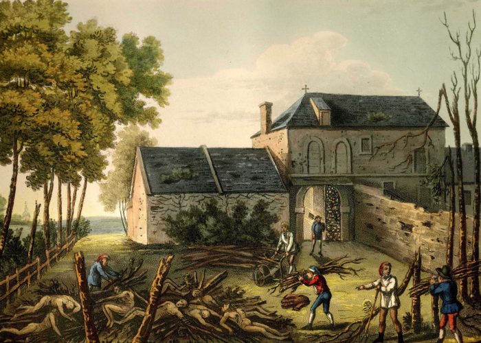 a print showing corpses being laid on a pyre next to a farmhouse