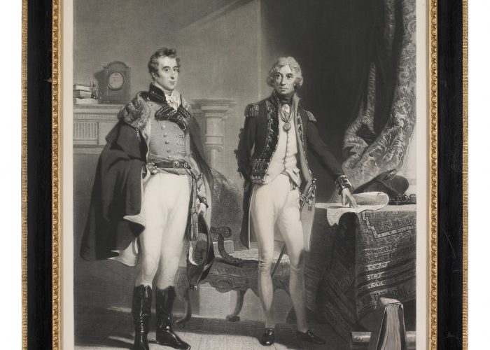 a formal print showing two men in military and naval uniform of the early eighteenth century