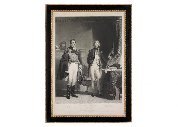 a portrait of two men wearing army and navy offcier's attired of the Georgian period in a drawing room