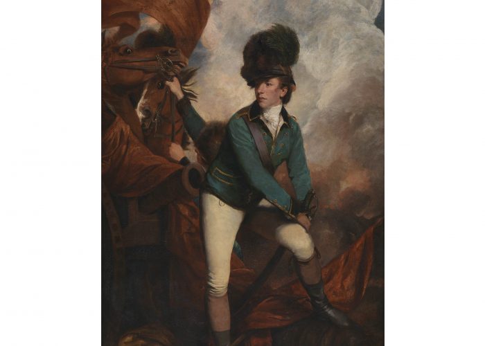 a portrait of a man in grren coat, riding boots and breeches and a plumed helmet