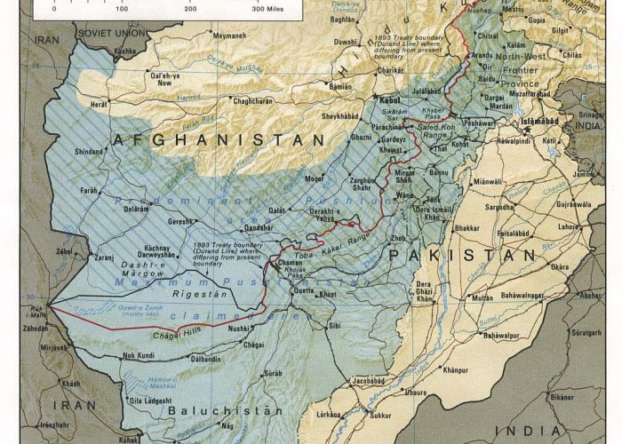 a photo of a map of Pakistan and Afghanistan with a large area cloured in blue between them
