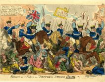 a colour print in caricature of men in blue uniforms on horseback striking a crowd with sabres