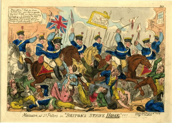 a colour print in caricature of men in blue uniforms on horseback striking a crowd with sabres