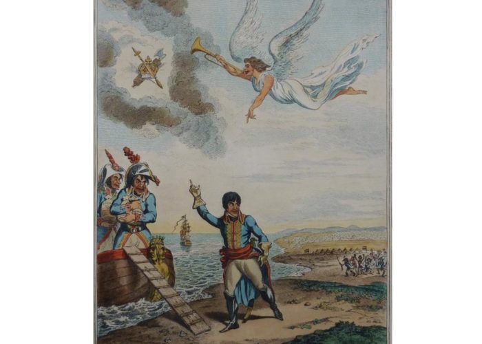 a colour sketch of a figure stepping into a boat whilst waving to an army