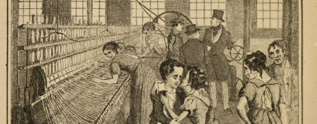 A black and white print showing a textile factory with a large loom. Child workers can be seen in the foreground in tattered clothing.