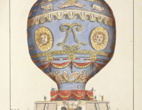 A colour print of a large hot air balloon, the balloon is blue and decorated with gold faces, cherubs, lions and eagles.