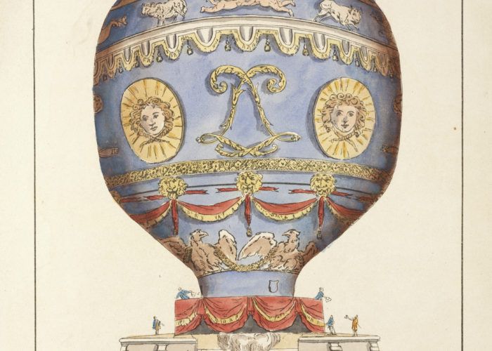 A colour print of a large hot air balloon, the balloon is blue and decorated with gold faces, cherubs, lions and eagles.