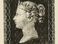 A scan of a black and white postage stamp showing Queen Victoria in the centre in profile.