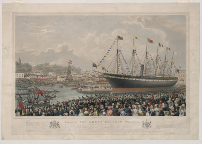 Courtesy of the SS Great Britain Trust - A lithograph print of a painting showing the launch of the SS Great Britain steamship. Huge crowds can be seen gathered to watch the ship being launched into Bristol's floating harbour.