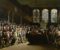 A painting showing the inside of the house of commons, the room is full of well dressed men with white hair. In the centre of the room is a table and a man can be seen speaking to the room.