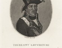 A black and white print with an oval shaped portrait in the centre of a man dressed in army uniform with a feathered hat.