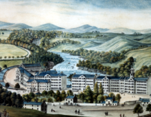 A watercolour painting of a green, hilly landscape with a river flowing through, in the foreground a town can be seen which has been built across the river