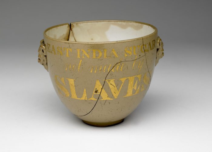 2964575 Sugar bowl with two masks of fawns on each side, inscribed with 'East India Sugar, not made by SLAVES', 1810-40 (ceramic) by English School, (19th century); Wilberforce House, Hull City Museums and Art Galleries, UK; English, out of copyright.