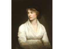 A portrait of a young woman dressed in a plain white dress and a dark black hat. She is gazing to the left of the frame with a still look on her face.