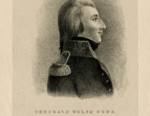 A black and white sketch of a young man. in profile. dressed in military uniform. The text beneath the image reads 'Theobald Wolfe Tone'