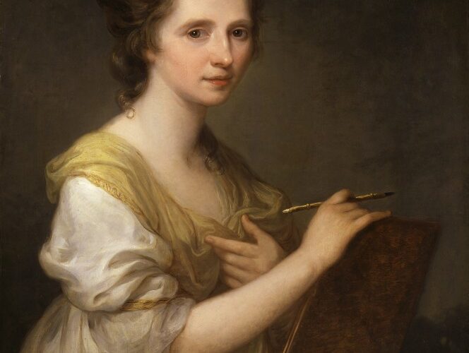 A portrait of a young woman seated looking at the viewer. She is dressed in a white silk dress with a yellow shawl and she is holding a wooden board with a paintbrush in her hand
