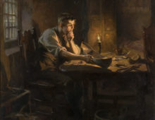 A painting of a man seated at a table in a small room lit only by one candle. The man is looking thoughtfully at a model of a boat which he holds in his hand.