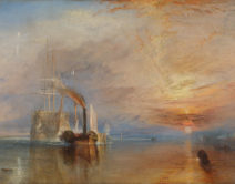 A portrait of a tall-ship being tugged into a harbour by a small steam ship at sunset.