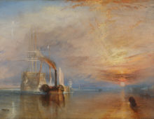 A portrait of a tall-ship being tugged into a harbour by a small steam ship at sunset.