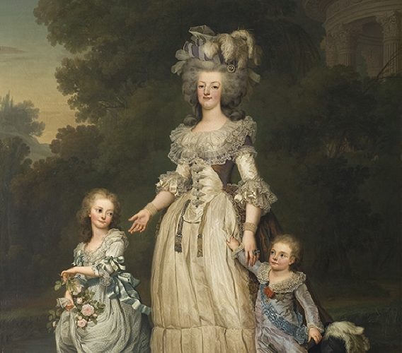 A portrait showing Queen Marie Antoinette in the centre with her two young daughters either side walking in a park, all three women are dressed in expensive period clothing.