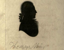 A scan of a page from a book. The page is blank except for a black silhouette of a man in the centre of the page. The silhouette is in profile but the man's ponytail hairstyle can be made out. Beneath the silhouette is the name 'Thomas Muir' in handwriting.