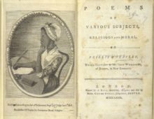 A photograph of the first page of a book of poetry. On the left hand page is a black and white print of a sketch of the author. The sketch shows a young woman seated at a desk writing on a piece of parchment with a quill. The opposite page shows the book title and publishers.