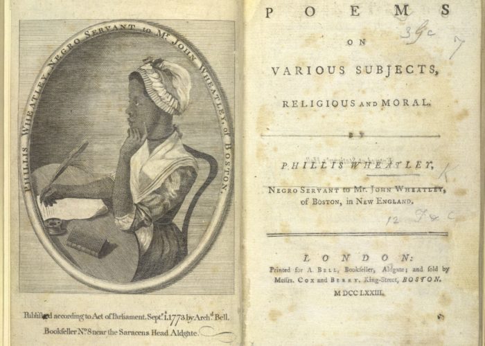 A photograph of the first page of a book of poetry. On the left hand page is a black and white print of a sketch of the author. The sketch shows a young woman seated at a desk writing on a piece of parchment with a quill. The opposite page shows the book title and publishers.