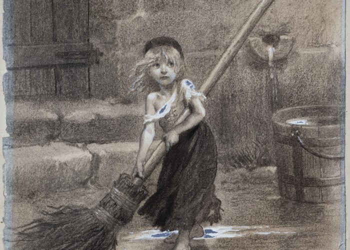 A black and white sketch of a young girl sweeping in the street with a large broom made from twigs. The girls clothes are torn and in rags.