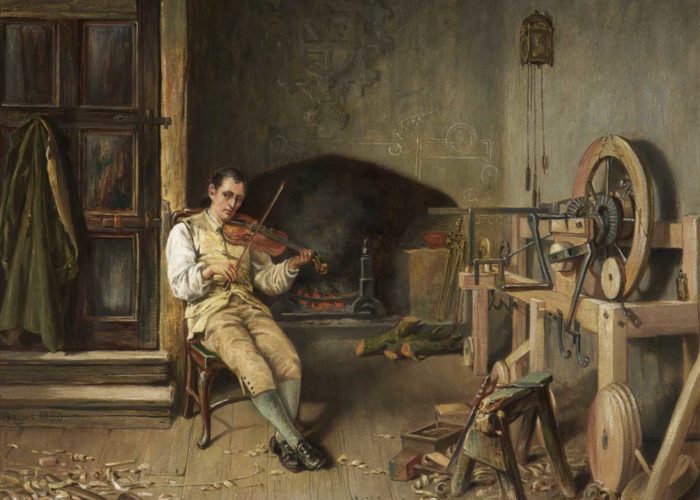 A painting of a man in a workshop. The man is seated in the middle of the room playing a violin, he is dressed in old fashioned clothing. On his left you can see the beginnings of the spinning mule. A diagram is drawn in white on to the wall at the back and tools and wood clippings can be seen on the floor.
