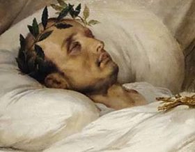 a painitng of a man lying in bed with a laurel wreath around his head