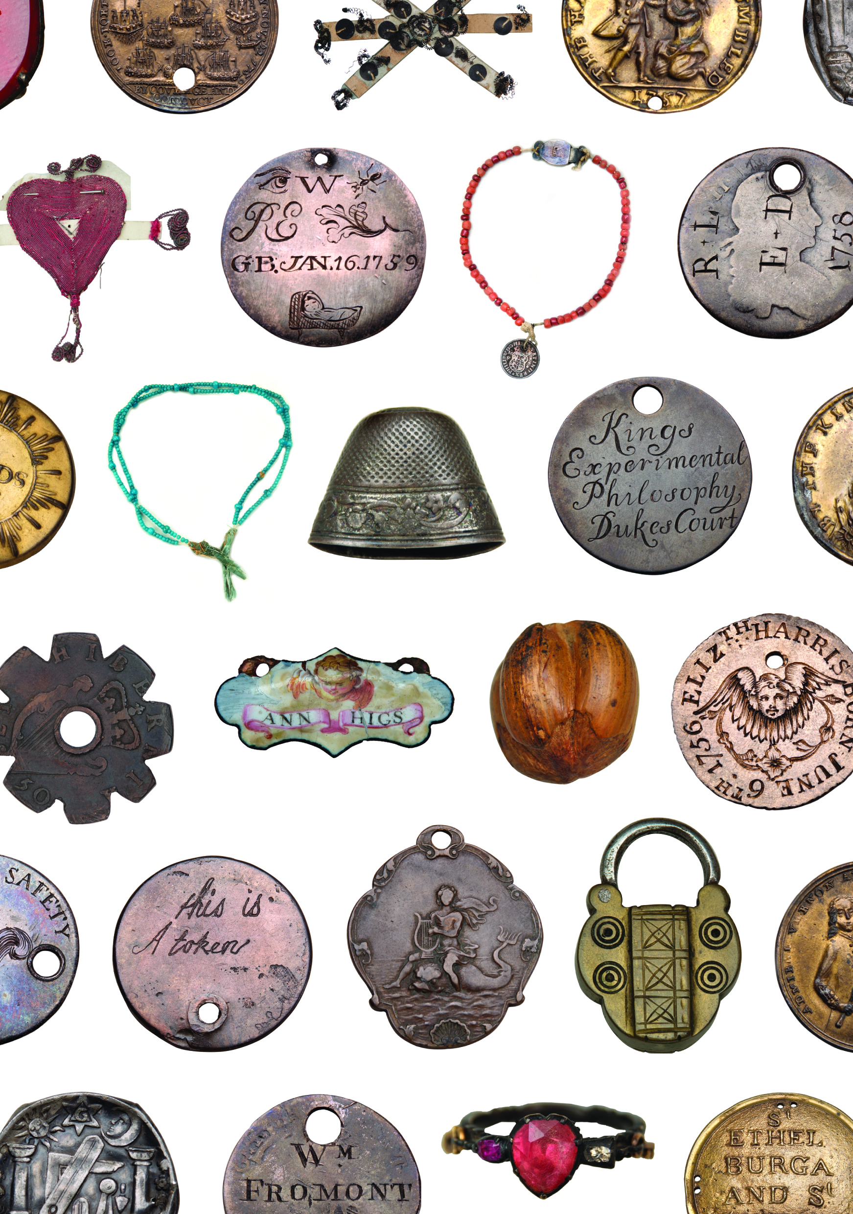 A colour photograph of a selection of ‘tokens’ left by mothers at the Foundling Hospital. The image includes many metal discs, some engraved with messages or images, two beaded strings and a fabric heart.
