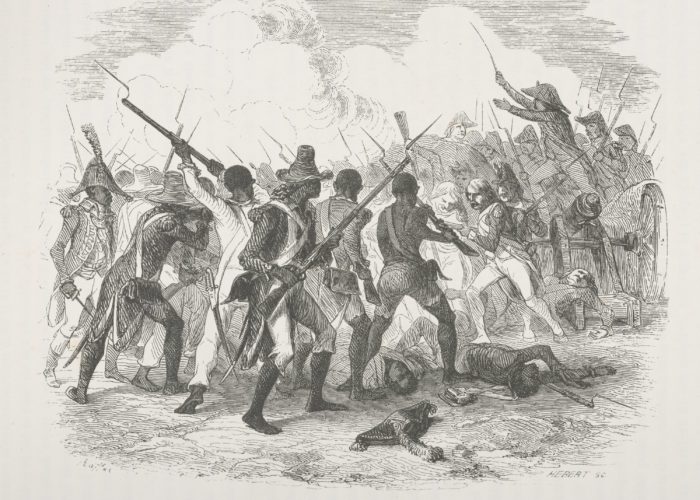 A black and white engraving showing a battle scene between Haitian and French armies. Many bayonets and swords can be seen and on the right hand side of the image a European soldier stands on a cannon wielding a sword.