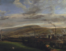 A landscape painting showing an industrial town with chimneys from factories nestled in between rolling green hills.