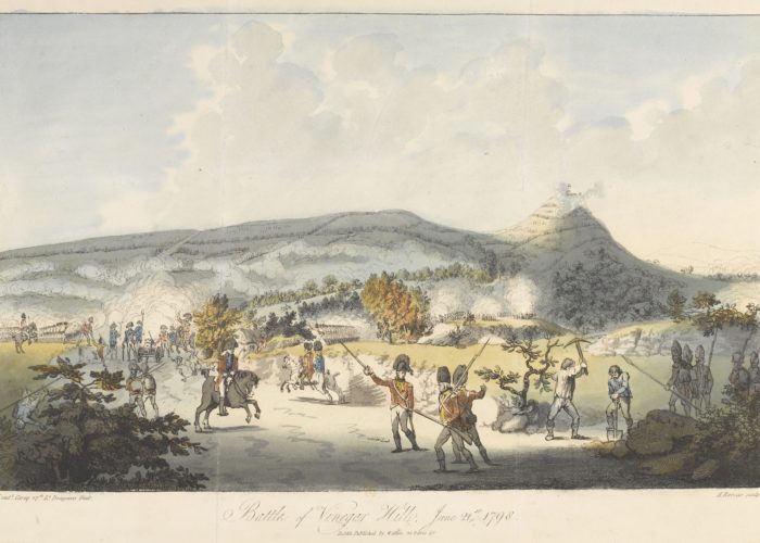 A colour print showing the Battle of Vinegar Hill. Soldiers can be seen fighting in the foreground with rolling green hills in the back.